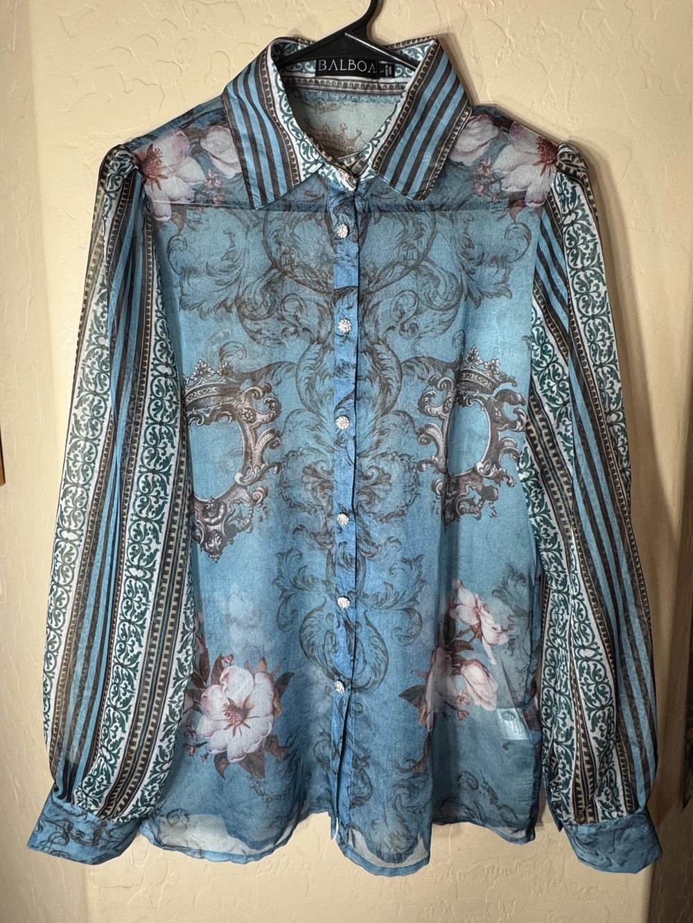 Balboa Sheer Blue Baroque Floral Stripe Button Up Blouse Rhinestone L